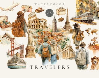 Watercolor Travel Clipart, World Landmarks, Traveler Graphics (Digital Download)