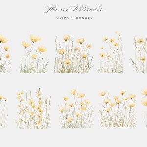 May include: A set of 10 watercolour illustrations of yellow wildflowers with green stems and leaves. The illustrations are perfect for adding a touch of nature to your designs.