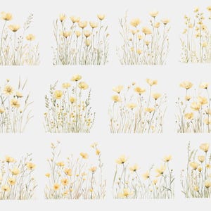 May include: A digital illustration of 12 watercolour-style bouquets of yellow wildflowers with green stems and leaves. The bouquets are arranged in a grid pattern on a white background.