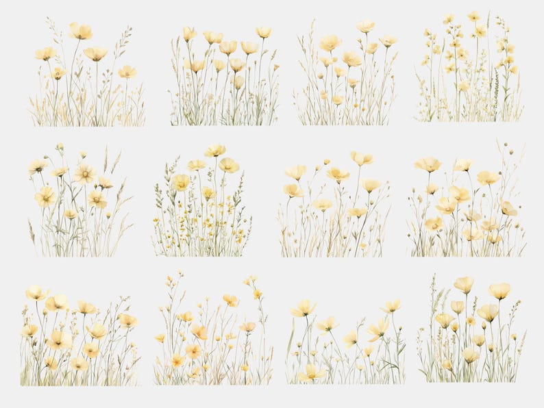May include: A digital illustration of 12 watercolour-style bouquets of yellow wildflowers with green stems and leaves. The bouquets are arranged in a grid pattern on a white background.