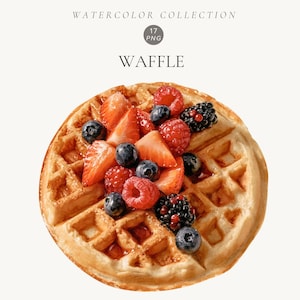 Könnte beinhalten: Eine goldbraune, runde Waffel, belegt mit frischen roten Erdbeeren, Himbeeren, Blaubeeren und Brombeeren. Der Text darüber lautet WATERCOLOR COLLECTION, 17 PNG und WAFFLE. Die Waffel hat ein Gittermuster und einen leichten Sirupglanz.