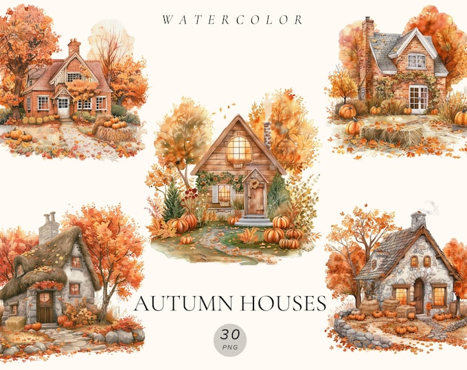 Fall Country House Watercolor Clipart Bundle, Transparent PNG ...