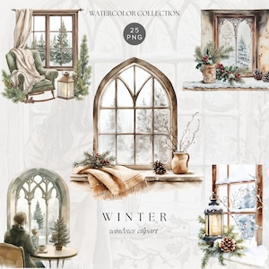 Aquarelle hiver fenêtres des cliparts, vue de la fenêtre, des cliparts hiver confortable, vintage des cliparts fenêtres, hiver graphiques Png, art des scènes de neige hiver