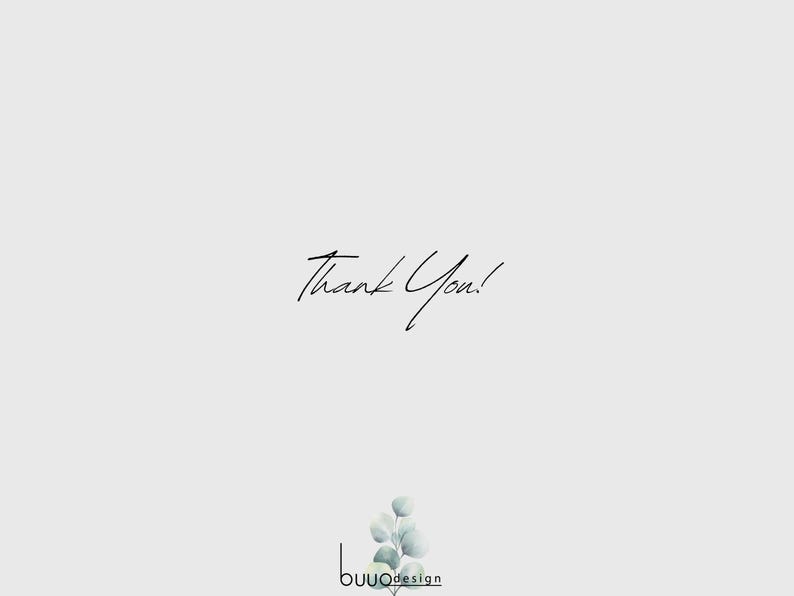 K&ouml;nnte beinhalten: Minimalistische Gru&szlig;karte mit hellgrauem Hintergrund. Die Worte "Thank You!" sind in eleganter schwarzer Schrift geschrieben. Eine kleine Aquarellillustration von Eukalyptusbl&auml;ttern und das buuudesign-Logo befinden sich unten.