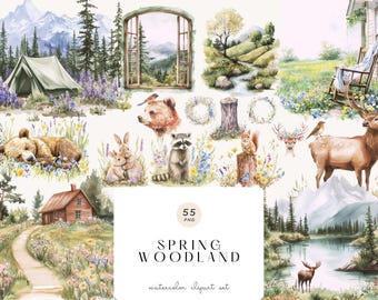 May include: A watercolor clipart set featuring 55 spring woodland illustrations. The set includes animals, flowers, plants, a cabin, a tent, a lake, and a mountain scene. The illustrations are perfect for creating invitations, cards, scrapbook pages, and other craft projects.
