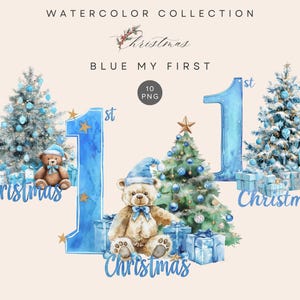 My First Christmas Clipart – Baby Boy 1st Holiday PNG, Teddy Bear Art, Digital Download