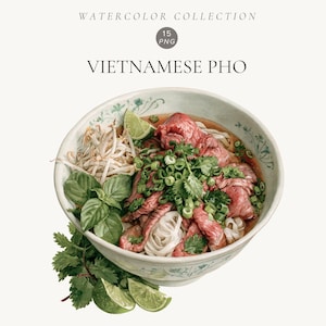 以下が含まれることがあります： 米麺、牛肉のスライス、もやし、新鮮なバジル、パクチー、青ネギ、ライムのくさびが入ったベトナム風フォーのボウルの水彩画イラスト。テキストには「WATERCOLOR COLLECTION 15 PNG VIETNAMESE PHO」と書かれています。