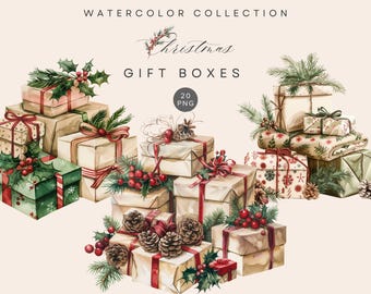 May include: Watercolor illustration of Christmas gift boxes. The boxes are wrapped in beige paper and decorated with red ribbons, holly, pinecones, and evergreen sprigs. The text "WATERCOLOR COLLECTION" and "Christmas GIFT BOXES" is displayed.