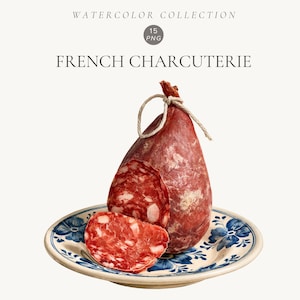 May include: A watercolour illustration of a cured sausage with a tied string, resting on a white plate featuring a blue floral pattern. The text above reads WATERCOLOR COLLECTION, 15 PNG, and FRENCH CHARCUTERIE in a clean, dark grey font.