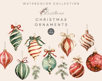Watercolor Christmas Ornament Clipart – Red Green Bauble PNG, Festive Holiday Art, Digital Download