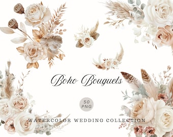 Watercolor Boho Bouquet Clipart, Beige Floral PNG, Wedding Flowers (Digital Download)