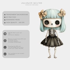 K&ouml;nnte beinhalten: Eine digitale Illustration eines niedlichen Skelett-M&auml;dchens mit blauen Haaren und einem schwarzen Kleid. Das Bild ist Teil eines Halloween-Clipart-Pakets.