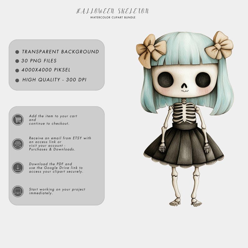 K&ouml;nnte beinhalten: Eine digitale Illustration eines niedlichen Skelett-M&auml;dchens mit blauen Haaren und einem schwarzen Kleid. Das Bild ist Teil eines Halloween-Clipart-Pakets.