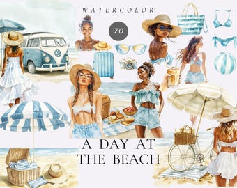 Imágenes prediseñadas de playa en acuarela, moda veraniega para chicas, conchas marinas (descarga digital)