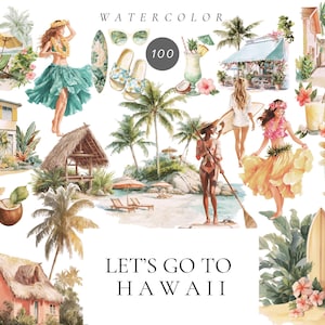 Aquarell Hawaii Clipart, Tropischer Strand PNG Grafiken (digitaler Download)