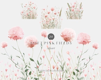 Watercolor Soft Pink Fields Clipart – Pastel Wildflowers & Wedding Floral Art, Digital Download