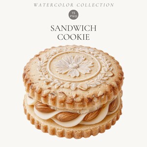 Op de afbeelding: Een sandwichkoekje met een gestructureerd bloemmotief op het bovenste koekje, gevuld met witte crème en hele amandelen. De tekst WATERCOLOR COLLECTION, 15 PNG en SANDWICH COOKIE verschijnt boven het koekje op een lichtbeige achtergrond.