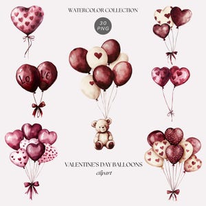Watercolor Valentines Day Balloons Clipart, Coquette Heart Balloons, Pink Red Heart Balloons Clipart, Love Clipart Png, Romantic Graphic Png