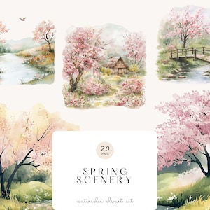 Aquarel lente landschap clipart, lente landschap png, lente natuur, lente graphics, landschap van het meer, bos, bergen, heuvels, platteland