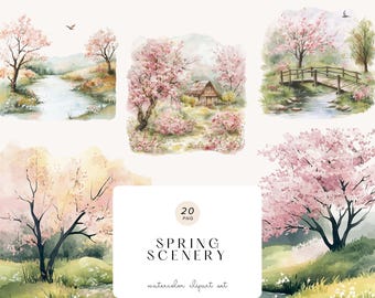 水彩画の田園風景クリップアート – 湖と森のアート、デジタルダウンロード