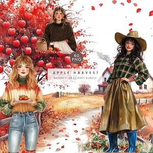 Clipart pomme rouge aquarelle, panier de tarte aux pommiers confiture verger et fille de ferme Png, graphiques de fruits et récolte de pommes, illustrations de pommes,