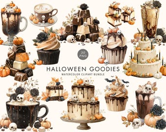 Watercolor Halloween Goodies Clipart – Spooky Sweets & Cupcake Art, Trick or Treat PNG, Digital Download