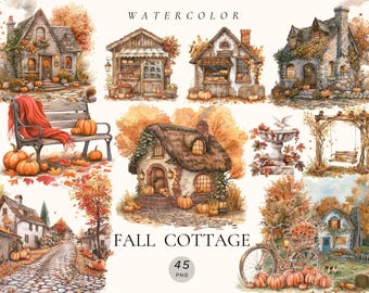 Watercolor Fall Cottagecore Clipart – Cozy Country House Art, Autumn Decor, Digital Download