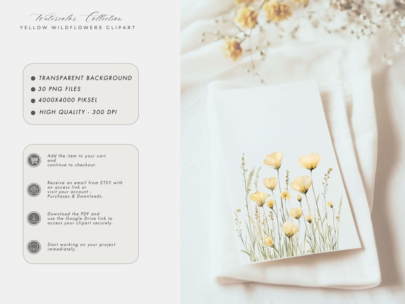 May include: A digital illustration of yellow wildflowers on a white background. The image is part of a collection of 30 PNG files with transparent backgrounds, each measuring 4000 x 4000 pixels and 300 DPI.
