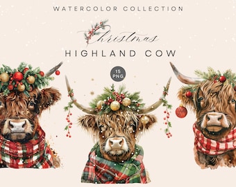 Watercolor Highland Cow Christmas Clipart – Rustic Farmhouse Holiday PNG, Winter Animal Art, Digital Download