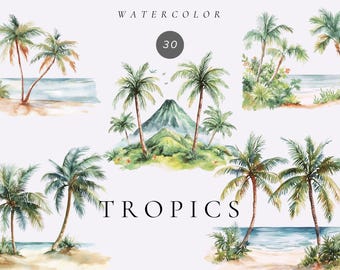 Watercolor Tropical Clipart, Summer Beach PNG (Digital Download)