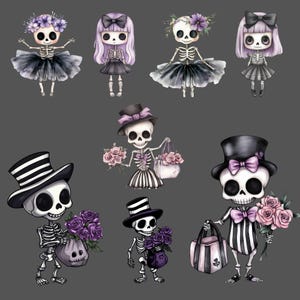 K&ouml;nnte beinhalten: Ein Set mit zehn digitalen Clipart-Bildern, die niedliche Skelettfiguren in verschiedenen Posen zeigen. Die Skelette sind in schwarz-wei&szlig; gestreiften Outfits gekleidet, einige mit H&uuml;ten und Schleifen. Sie halten Blumen, Taschen und andere Accessoires. Die Bilder sind perfekt f&uuml;r Halloween-Bastelarbeiten, Scrapbooking und digitale Designprojekte.