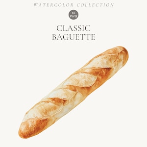 Può includere: Un'illustrazione ad acquerello di una baguette classica con crosta dorata e superficie incisa. Il testo in alto riporta WATERCOLOR COLLECTION, 16 PNG e CLASSIC BAGUETTE. Il pane è raffigurato con ombreggiature e texture realistiche.