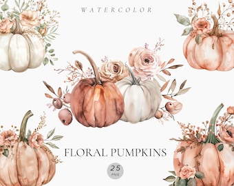 Watercolor Floral Pumpkin Clipart – Autumn Leaves Art, Rustic Fall Decor, Digital Download