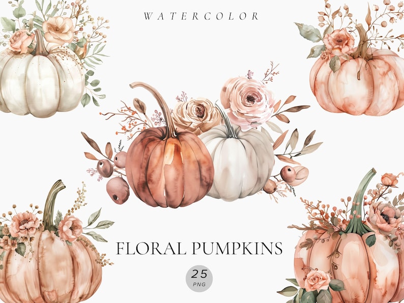 Watercolor Floral Pumpkin Clipart – Autumn Leaves Art, Rustic Fall ...