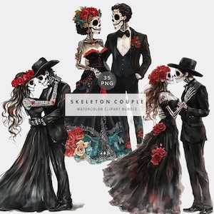 May include: Watercolour illustration of a skeleton couple dressed in black and white formal wear. The bride is wearing a black gown with red flowers and the groom is wearing a black suit with a white shirt and black bow tie. The couple are holding hands and smiling. The illustration is set against a white background. 35 PNG.