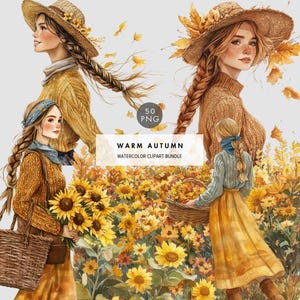Clipart automne chaud aquarelle, tournesol, automne fille, citrouille, ferme, panier de pommes, cheminée, livres bougies png, éléments d'automne