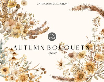 Imágenes prediseñadas de ramos de otoño en acuarela: flores bohemias y rústicas de otoño, descarga digital