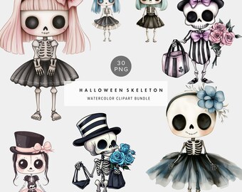 Watercolor Chibi Skeleton Clipart – Pink Kawaii Spooky Art, Girly Halloween Illustration, Digital Download