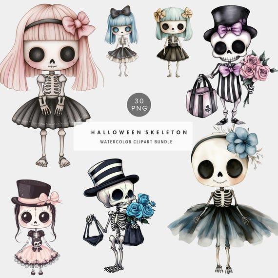 Watercolor Chibi Skeleton Clipart – Pink Kawaii Spooky Art, Girly Halloween Illustration, Digital Download