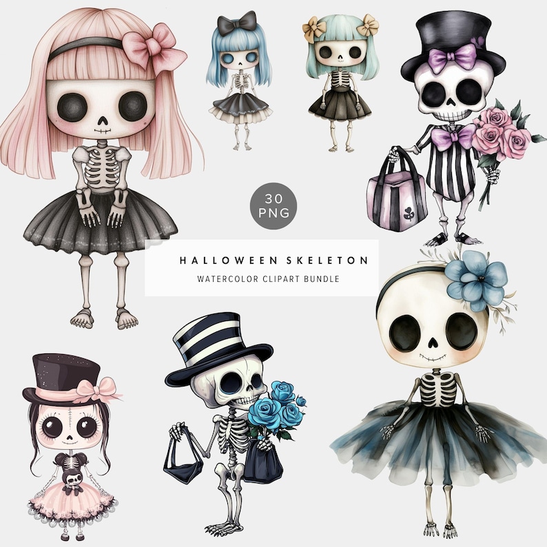 K&ouml;nnte beinhalten: Ein Set mit 30 Aquarell-Clipart-Bildern von Halloween-Skeletten. Die Skelette sind in verschiedenen Kost&uuml;men gekleidet, darunter eine Ballerina, eine Hexe und ein Gentleman mit Zylinder. Die Skelette haben alle ein s&uuml;&szlig;es, skurriles Aussehen.