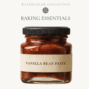 Pode incluir: Um pequeno frasco de vidro cheio de pasta de baunilha castanho-escura, com uma tampa preta estriada e um rótulo de papel bege com o texto VANILLA BEAN PASTE. Acima do frasco, o texto diz WATERCOLOR COLLECTION 25 PNG BAKING ESSENTIALS.