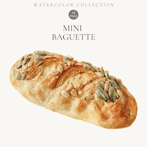 Peut inclure: Une illustration à l'aquarelle d'une mini baguette garnie de graines de courge vertes et de graines de tournesol. Le texte au-dessus indique WATERCOLOR COLLECTION, 15 PNG, MINI BAGUETTE. Le pain a une croûte dorée et une surface texturée.