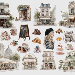 K&ouml;nnte beinhalten: Aquarellillustration mit Pariser Caf&eacute;s, Geb&auml;ck und einer Frau mit Baskenm&uuml;tze. Das Bild zeigt Croissants, Macarons, Schokolade und Kaffee. Geb&auml;ude mit Markisen und Sitzgelegenheiten im Freien sind ebenfalls abgebildet.