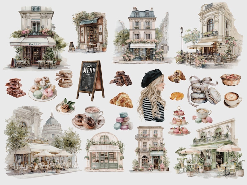 K&ouml;nnte beinhalten: Aquarellillustration mit Pariser Caf&eacute;s, Geb&auml;ck und einer Frau mit Baskenm&uuml;tze. Das Bild zeigt Croissants, Macarons, Schokolade und Kaffee. Geb&auml;ude mit Markisen und Sitzgelegenheiten im Freien sind ebenfalls abgebildet.