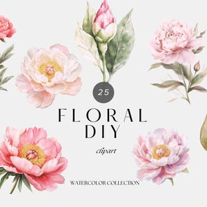 Clipart floral em aquarela faça você mesmo, clipart de flores de peônia, clipart floral de primavera e verão, clipart de cartão de convite de casamento, folhas de flores rosa e roxas