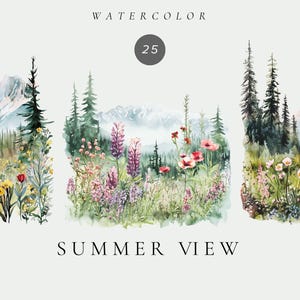 Aquarelle Summer View Clipart, illustration de paysage, clipart paysage d'été, graphique de voyage, champs d'été, campagne, graphique d'été