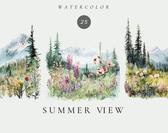 Watercolor Summer View Clipart, Landscape illustration, Summer landscape clipart, Travel graphic, Summer fields, Countryside, Summer graphic