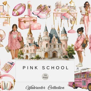 Watercolor Pink School Clipart, School supplies, Teaching graphics, Cute fashion school, School illustrations, Notebook, pencil, book png