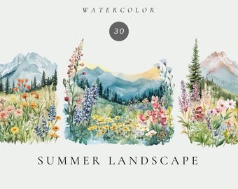 Watercolor Summer Landscape Clipart – Scenic Meadow Art, Digital Download