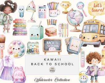 Imágenes prediseñadas kawaii de acuarela para la escuela, gráficos para profesores (descarga digital)